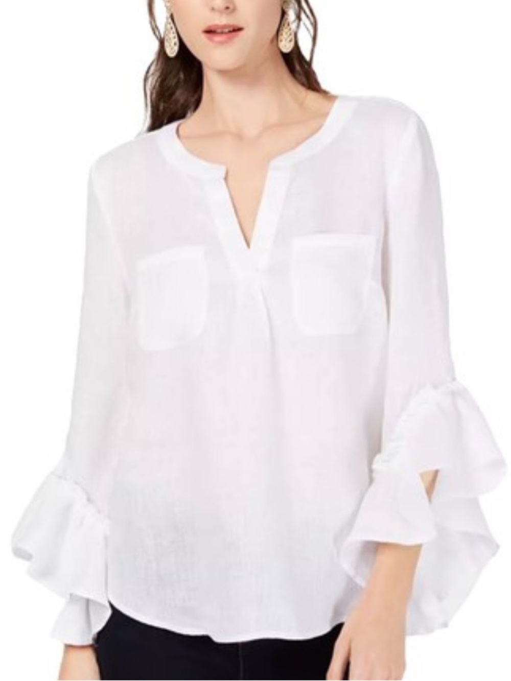 INC International Concepts White Linen Ruffle Sleeve Top Medium